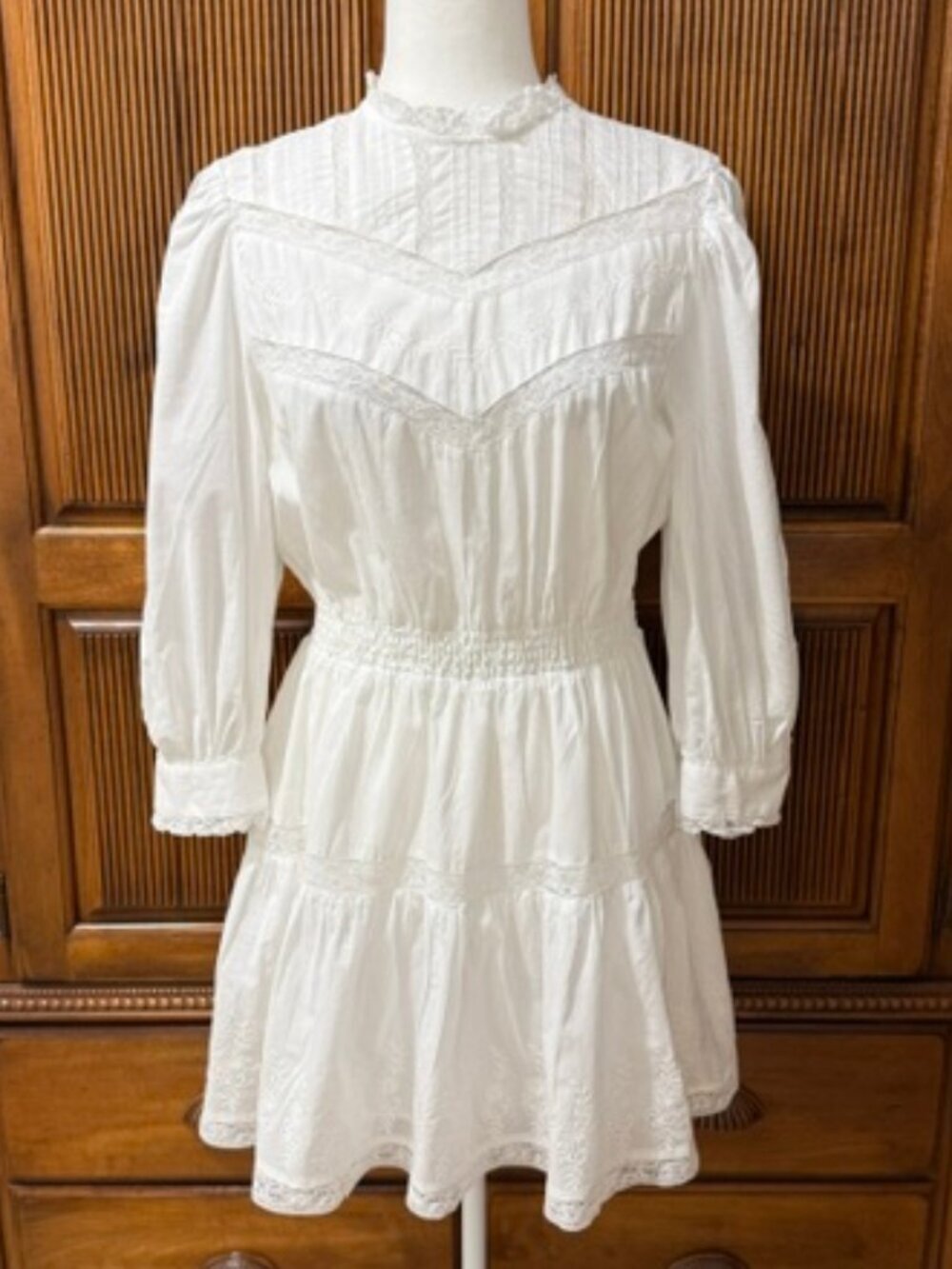LoveShackFancy Talulah Pintuck Yoke Lace Dress in White Size S